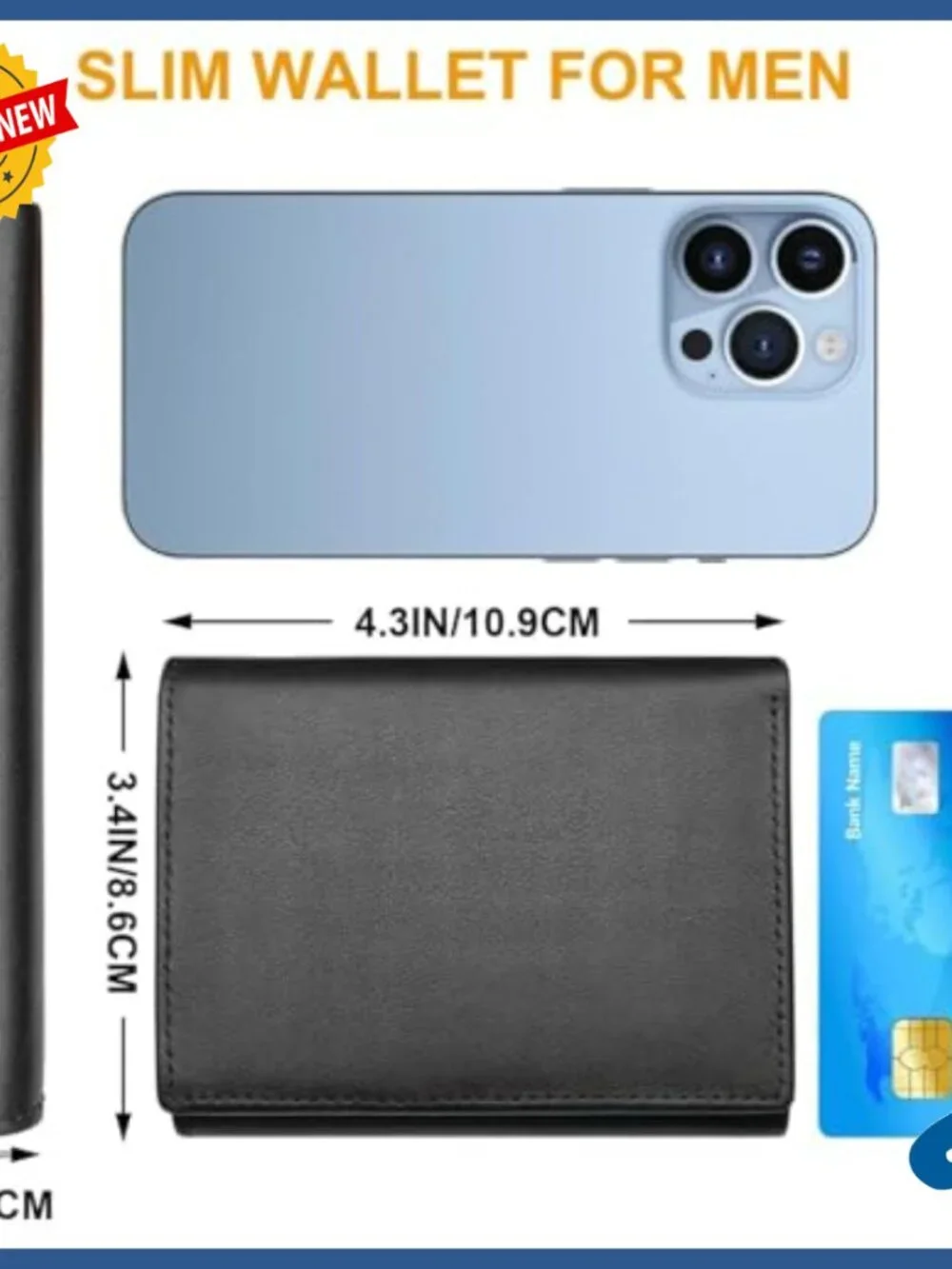 Slim Genuine Leather Trifold Wallet RFID Blocking 8 Card Slots ID Window